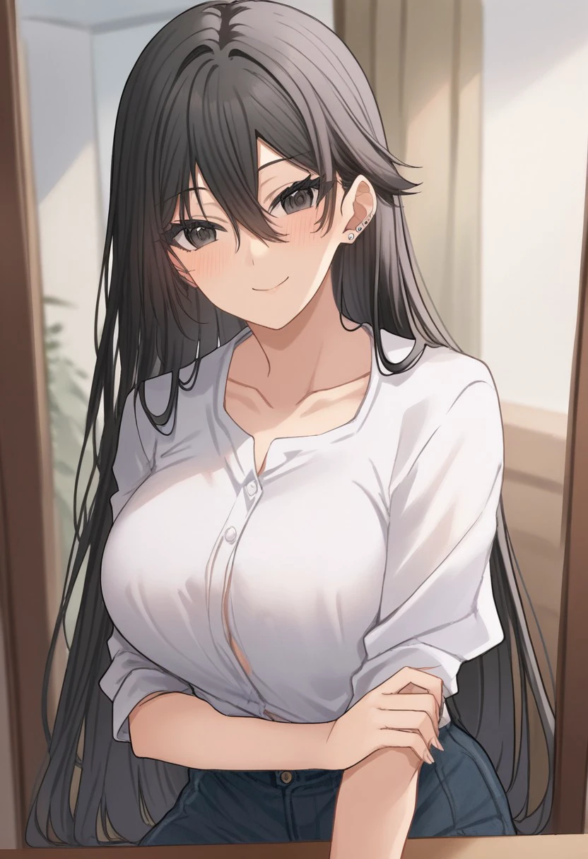 Shimuzu-san, Black hair, large breasts, black eyes, long hair, 1 girl, score_9, score_8_up, score_7_up, score_6_up, score_5_up, score_4_up ,BREAK source_anime, anime, smile, looking at viewer,