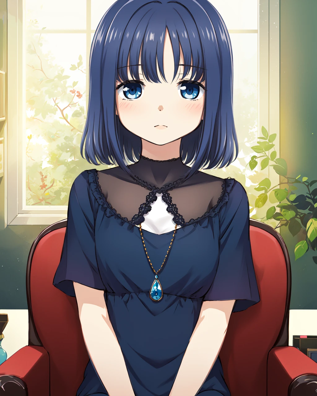 masterpiece, high quality, mgrcyoungeryachiyo, 1girl, upper body, medium shot, blue hair, blue eyes, black with white dress, sitting, armchair, indoors, room, <lora:mgrcyoungeryachiyo:0.8>