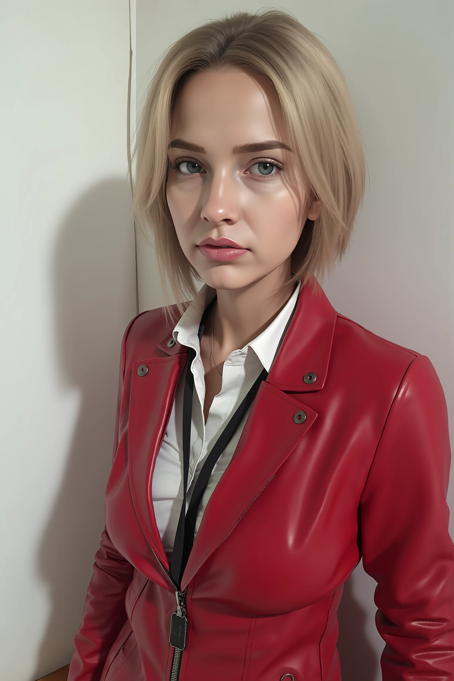 A woman named Claire Redfield.
a medium-sized blonde woman stands with her left shoulder to the viewer. She is wearing a red leather jacket
a white collared shirt
and a black lanyard around her neck. The woman's hair is styled in a bob
and her eyes are a piercing blue. Her lips are slightly parted
and she's lips are pursed. The backdrop is a stark white wall
and the woman's shadow can be seen in the background.