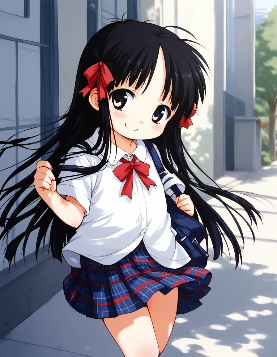 score_9, score_8_up, score_7_up, source_anime, rating_explicit, BREAK <lora:Hoshino_Hina_XL:1> Hoshino_Hina, long hair, black hair, black eyes, hair ribbon, short stack,
school uniform, checked skirt,
outdoor, day,
smile,
looking at viewer,
cowboy_Shot,