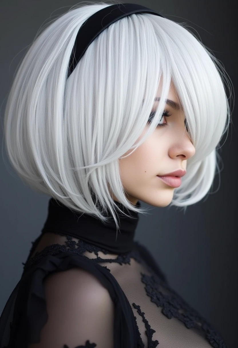 realistic photo, 2B yorha, platinum bob,

