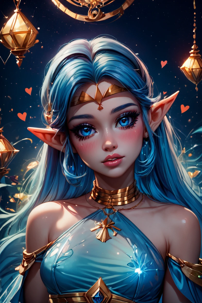 score_9, score_8_up, score_8, medium breasts, (curvy), cute, eyelashes,       BREAK, , <lora:NayruZelda_PDXL_epoch02:0.8>,  zzNayru, blue hair, dress, bare shoulders, jewelry, very long hair, blue dress, elf, circlet, BREAK,  (ultra realistic,32k, masterpiece:1.2),(high detailed skin:1.1),( high quality:1.1), curvy, head tilt, hearts, blush, lips, closed mouth, curvy, head tilt, shiny clothes, (upper body), looking at viewer, bokeh, luminescent background,  embedding:zPDXL, Expressiveh,  <lora:RlAnmPDXL:1.0>,