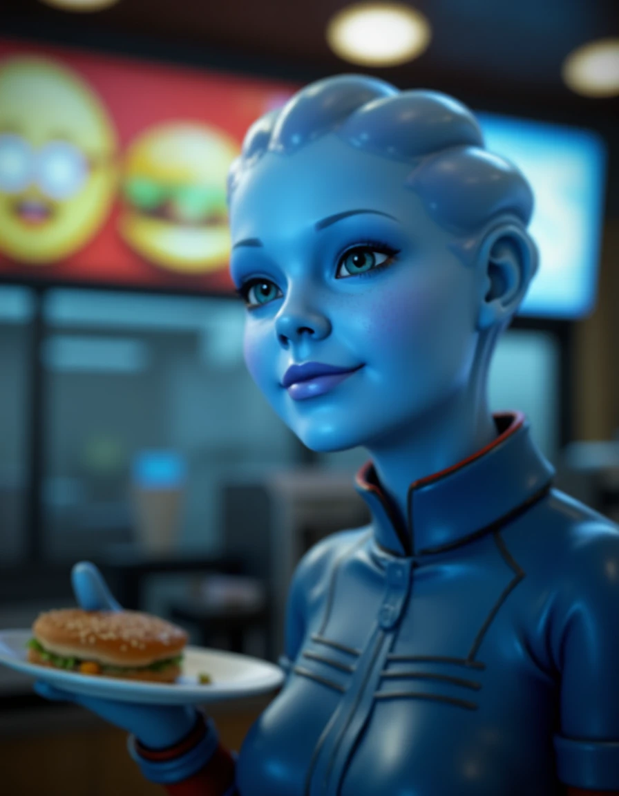 cinematic still of a blue female asari working at a mcdonalds, 
 <lora:asari-000012:1>