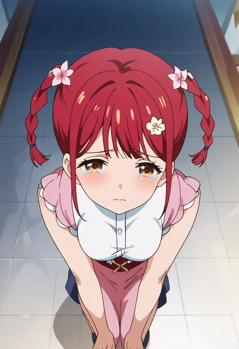 score_9, score_8_up, score_7_up, score_6_up,
source_anime, masterpiece, anime screencap,

Tokonome Mamori, source_anime, 1girl, solo, bangs, hair ornament, brown eyes, braid, red hair, twin braids

flowers, sad, cry, tears, shy, from above