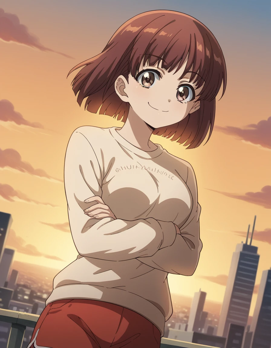 score_9, score_8_up, score_7_up, source_anime, <lora:akari-kosugi-s1-ponyxl-lora-nochekaiser:1>, akari kosugi, short hair, bangs, brown hair, brown eyes, bob cut, medium breasts,, shirt, long sleeves, shorts, sweater, red shorts,, rooftop, sunset, cityscape, quiet moment, wind blowing, contemplative, smile, looking at viewer, crossed arms, smile, smug, solo,, cowboy shot, dutch angle