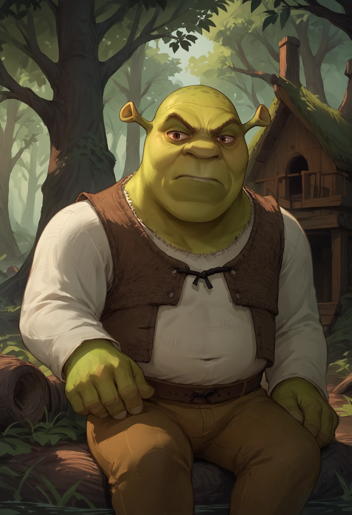 score_9, score_8_up, score_7_up, 1boy,
white shirt, vest, pants,
looking at viewer, glaring, sitting,
outdoors, swamp, tree, wooden house, 
<lora:Shrek_XLPD:1.0> shrek, green skin,