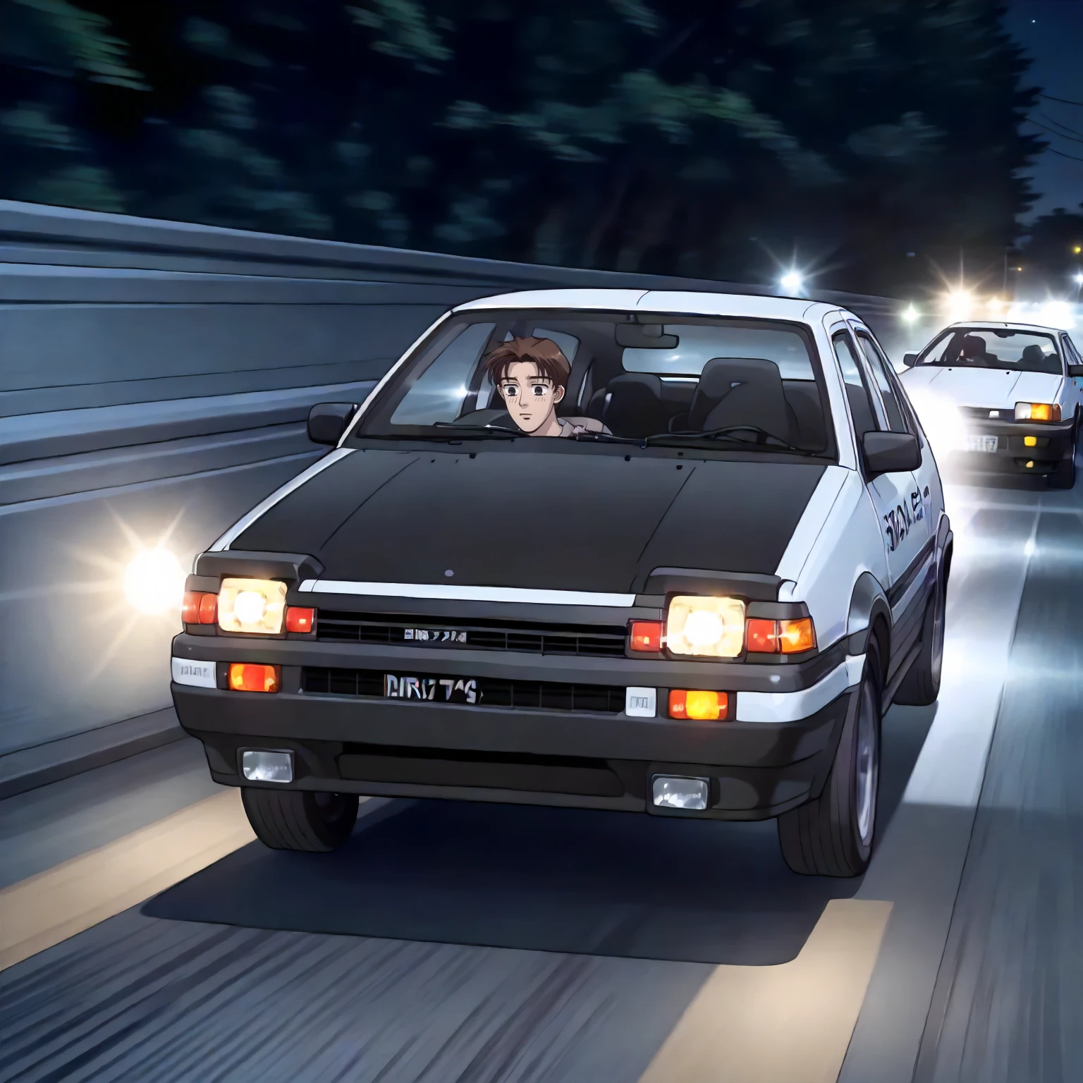 <lora:ID_TakumiFujiwaraXLpony004>,
outdoors,
solo,
TakumiFujiwara,1boy,short hair,brown hair,black eyes,
t-shirt,
AE86,car,driving,drift,lights,glowing,