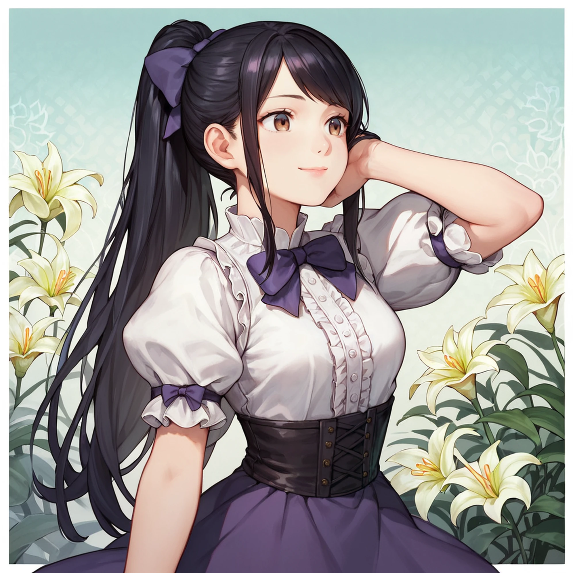 score_9, score_8_up, score_7_up, score_6_up, source_anime, hires, detailed, [realistic::0.1],
1girl, solo, black hair,brown eyes, high ponytail,(long hair:0.5),swept bangs, white blouse, puffy sleeves, violet skirt,small breasts, bow, light smile, outside border, touching own hair
simple violet background,lily pattern background,
<lora:DobunezuMix:1>