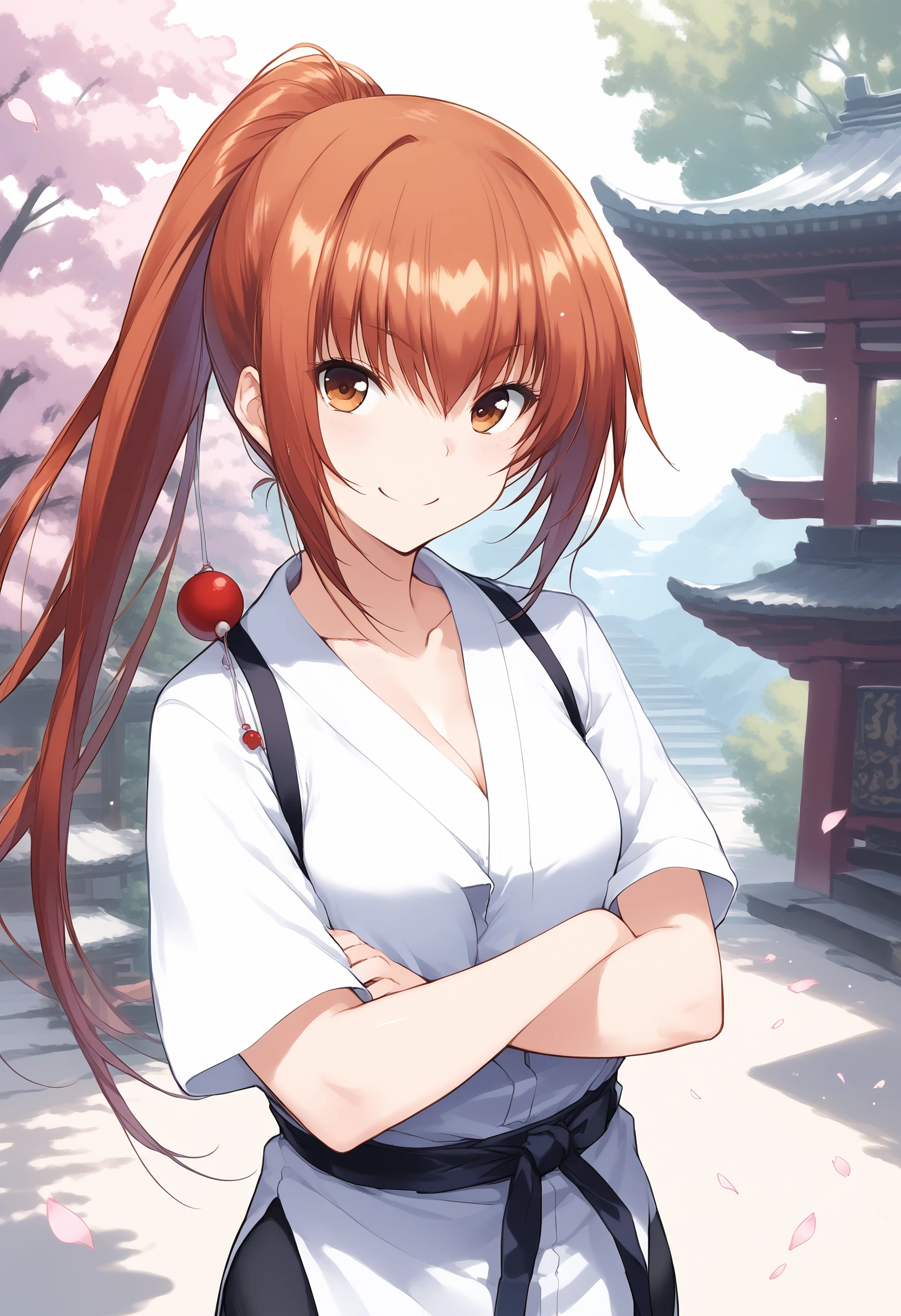 Upper body, score_9, score_8_up, score_7_up, score_6_up, KazuKawa,  source_anime, standing up, crossed arms, breasts, BREAK wearing judo uniform, black belt, hair between eyes, ponytail, collarbone, smug, smile, BREAK Japanese temple in the background, east asian architecture, cherry cherry blossoms, <lora:KazuKawaV01.2:0.9>