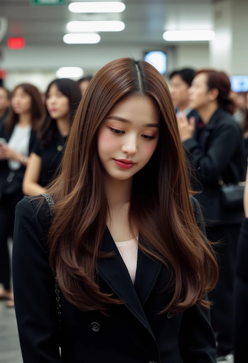 wonyounggirl with long, wavy brown hair, partially pinned back with a hair accessory. She has a subtle makeup look featuring light red eyeshadow and bright red lipstick. Her expression is serene as she gazes downwards, surrounded by other people in a busy environment. She wears a black coat over a light top, highlighting her stylish yet casual appearance.