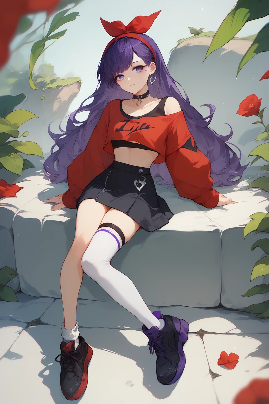 (score_9,score_8_up,score_7_up,),<lora:Kira-000021:1>,Kira,purple hair,long hair,red hairband,red shirt,mole under eye,purple eyes,choker,white socks,crop top,asymmetrical legwear,black skirt,black footwear,