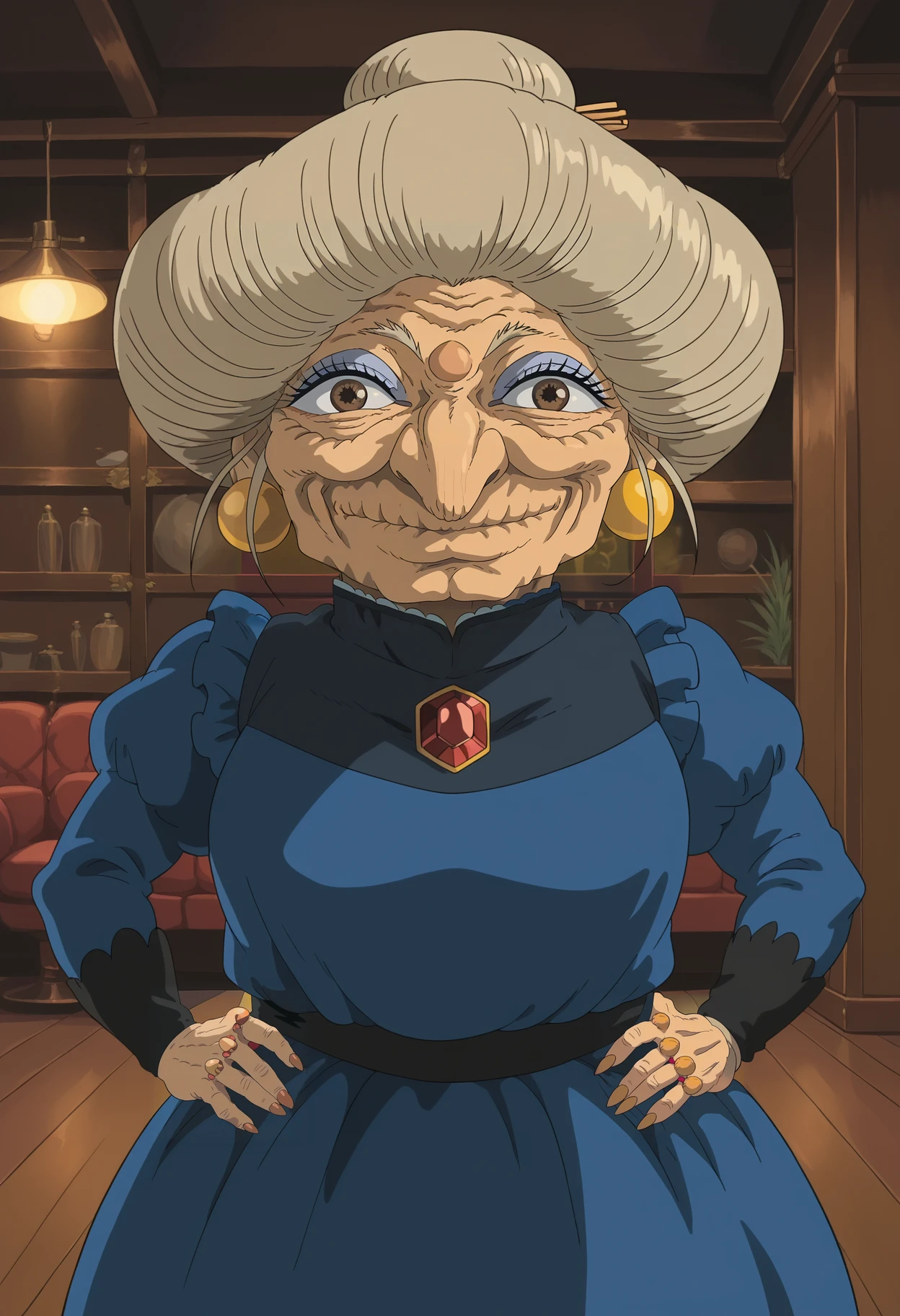 <lora:Yubaba-Sen_to_Chihiro_no_Kamikakushi:0.9>,Yubaba,old woman,1girl,solo,make up,grey hair,hair bun,single hair bun,brown eyes,blue dress,cowboy shot,hands on own hips,looking at viewer,indoors,smile