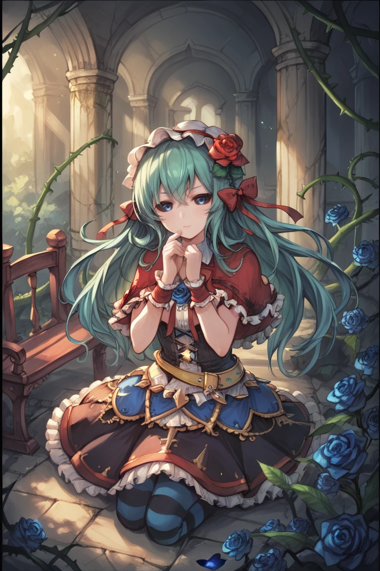 score_9, score_8_up, score_7_up, source anime, BREAK, sitting on bench, hands on own chin, arm at side, plant, rose, thorns, vines, upper body, looking at viewer, scenery, (solo), <lora:Granblue_Fantasy_Style_XLv4:0.65>, <lora:d3c4yXLP:0.5> , d3c4y, scenery, ruins, overgrown, sunlight, outdoors, exterior, <lora:Tora:0.70> , tordef, 1girl, solo, long hair, green hair, (colored sclera, black sclera), blue eyes, flower, hair flower, blue rose, blue flower, red bow, hair ornament, red ribbon, hair bow, hair ribbon, capelet, frilled capelet, cross-laced clothes, red bowtie, frilled hairband, layered dress, collared dress, frilled dress, yellow belt, spiked belt, wrist cuffs, striped, striped thighhighs, horizontal-striped thighhighs,