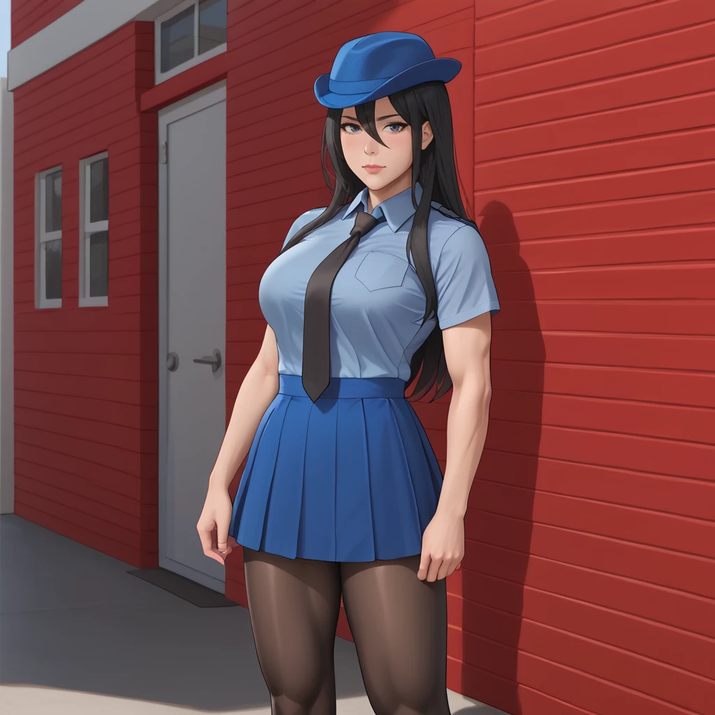 <lora:superwomanfanart_pony_v1:.8>  Superwoman, solo, 1girl, muscles, breasts, hair between eyes, black long hair, <lora:0820 tokisaki kurumi policewoman fan costume_v1_pony:1> ruanyi0820,black necktie,blue hat,blue shirt,blue skirt,black pantyhose,short sleeves,skirt