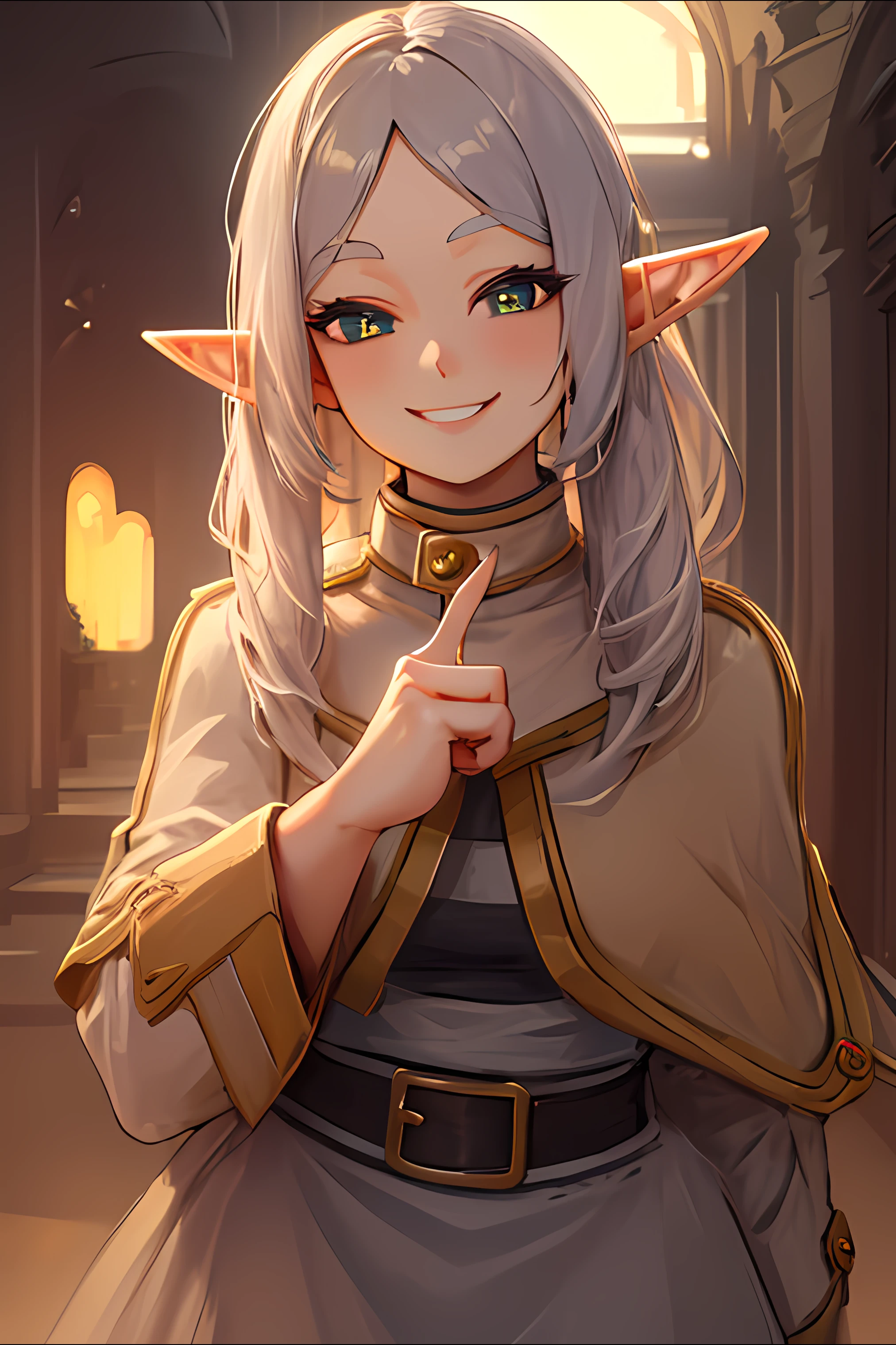 (masterpiece), high quality, intricate detail, extremely detail, 1girl, solo, frieren, elf, standing, confident, lightly smile, pointing forward, finger gun, beautiful hands, beautiful fingers, <lora:pointing_-_finger_gun:0.7> <lora:frieren:1>