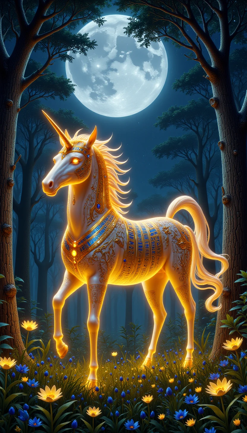 p1nk3gyptstyl3, egyptian,A fantasy illustration of a glowing unicorn in a moonlit forest, its mane and tail flowing with radiant energy