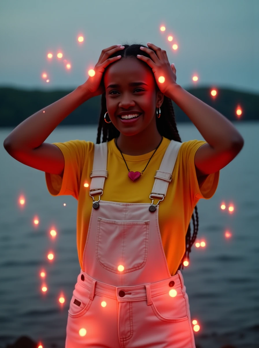 Medium shot of young woman aishacampbell standing on a daytime lake shore.  She is of African descent, in her late teens to early twenties, and has a light-brown skin tone and long braided hair.  She clutches her head with both hands and flails and flinches in pain as dozens of small glowing red round lights spin around her, and is wearing a yellow short-sleeved t-shirt under white overalls shorts and has a necklace with a red heart-shaped pendant and silver hoop earrings.  High detail and dynamic motion and cinematic lighting. (daytime:1.1)