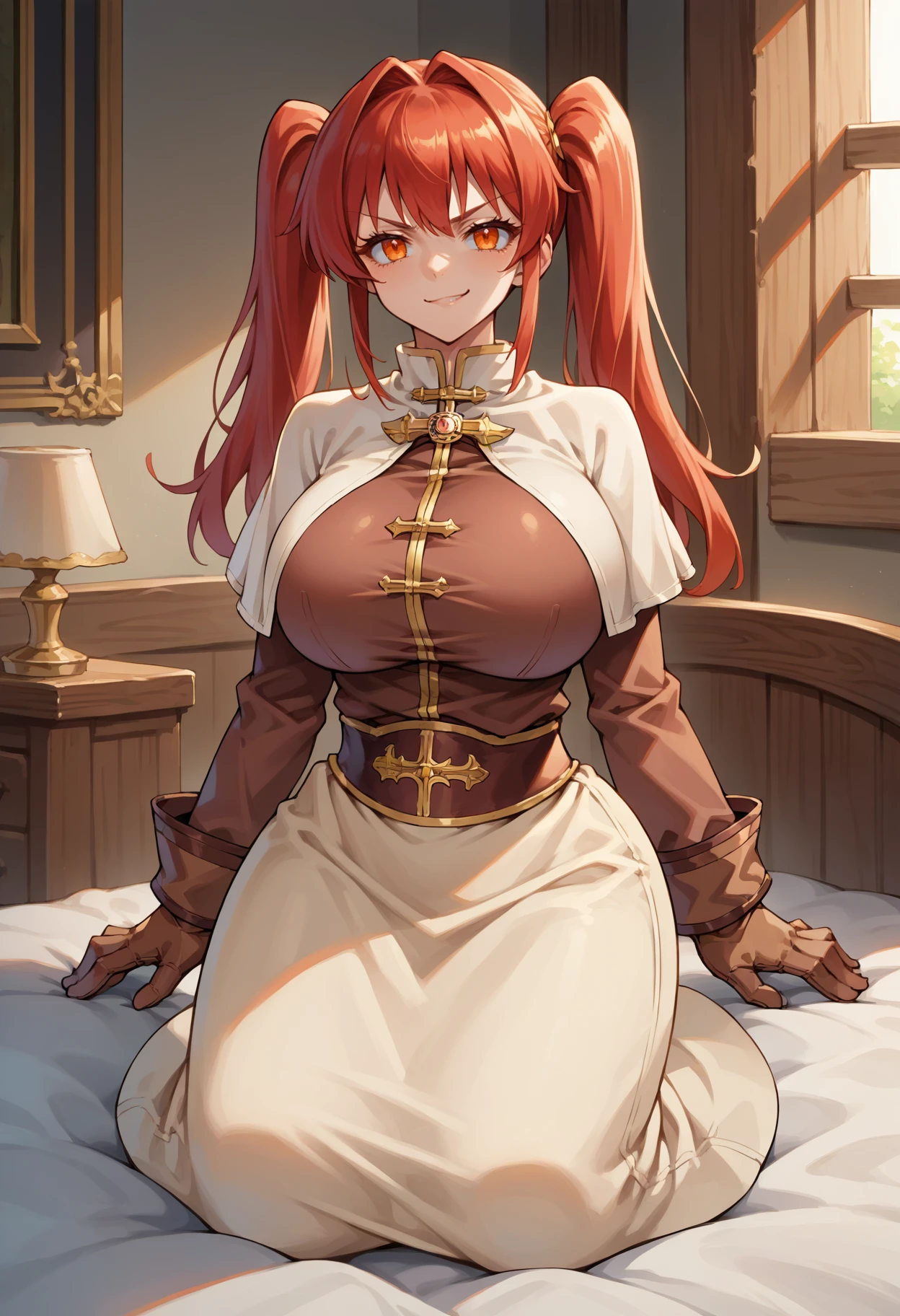 score_9, score_8_up, source_anime, 1girl, solo, red hair, twintails, orange eyes, huge breasts, AclytClth, white capelet, brooch, brown shirt, long sleeves, brown gloves, belt, white skirt, long skirt, indoors, on bed, kneeling, smirk, smile, <lora:ChamFemaleAcolyteClothesPonyXL:1>