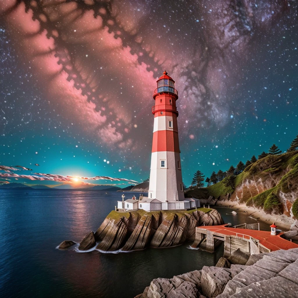 masterpiece, intricate photo, lighthouse with red-white colored ring-sections on a rock in the ocean bay near a fisher village, photo realistic, hyper realistic, highly detailed, sharp focus, best quality, high resolution, 8K, HDR, NewLighthouseEmbedding:1.0