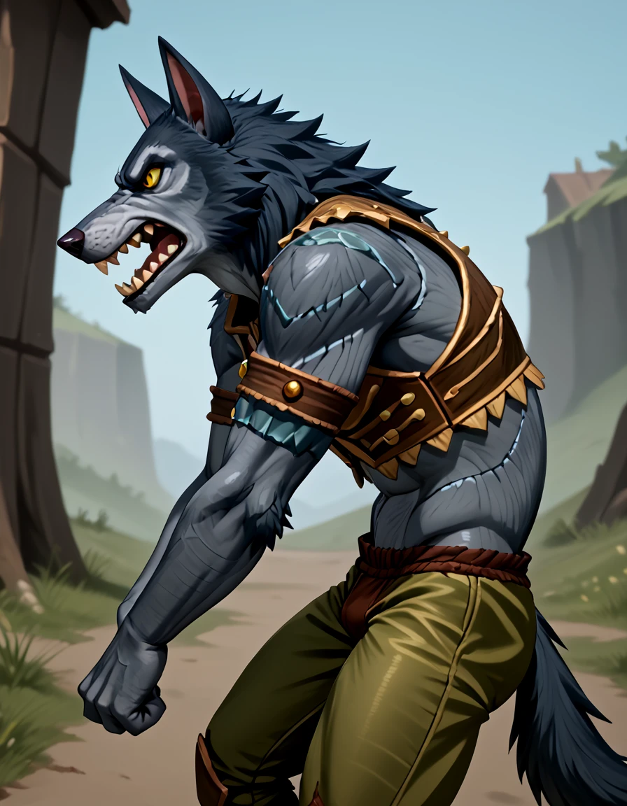 source_furry,  <lora:Blackburrow_Gnoll_-_Everquest_-_1999:0.5> Blackburrow_gnoll, yellow eyes, pointy ears, hunched over, snarling, angry, showing teeth, fists, sharp teeth, long snout, dark gray fur, tattered clothes, patchwork_chest_armor, arm bands, tattered dark green and brown pants, side view, profile view,, source_cartoon, score_9, score_8_up, score_7_up,