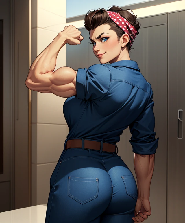 (masterpiece:1.2), best_quality, ultra-detailed, realistic, 1girl, (rosieriveter:1.5), (curvy:1.2), (short_hair:1.2), curly_hair, brown_hair, pompadour, blue_eyes, makeup, polka_dot_bandana, (RosieJumpsuit:1.2), blue_jumpsuit, sleeves rolled up, black_belt, (RosieFlexPoseSide:1.5), short_hair, brown_hair, blue_eyes, makeup, polka dot bandana, (arm_up:1.5), (flexing_bicep:1.5), (clenched_fist:1.2), (looking_over_shoulder:1.2), (hand_on_arm:1.5), (from_behind:1.5), (from_side:1.5), looking_at_viewer, (determined_expression:1.2), (smirk:1.2), (smug:1.2), cowboy_shot, (dramatic_lighting:1.2), <lora:RosieTheRiveterV1:0.9>