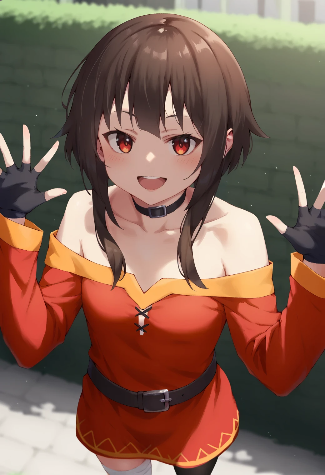 score_9, score_7_up, hd, (ultra hd quality details), source_anime, outdoors, blurry background, 
solo, 1girl, megumin, short_hair_with_long_locks, small breasts,
red_dress, short_dress, black_choker, fingerless_gloves, black_gloves, black_belt, black_thighhighs, single_thighhigh, bare shoulders,
looking at viewer, smile, upper teeth only,
standing, hands up,
<lora:megumin_pdxl_chenkin:0.65>  <lora:_jonsun_style-elesico-pony:1>