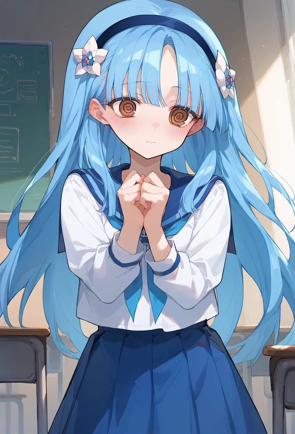 score_9, score_8_up, score_7_up, source anime, yukihime, 1girl, solo, long hair, blue hair, spiral eyes, @ @, blush, brown eyes, hairband, hair flower, school uniform, pleated skirt, indoors, <lora:yukihime-xl-pony-v1:1>, <lora:coke-bottle_glasses-xl-pony-v1:1>,