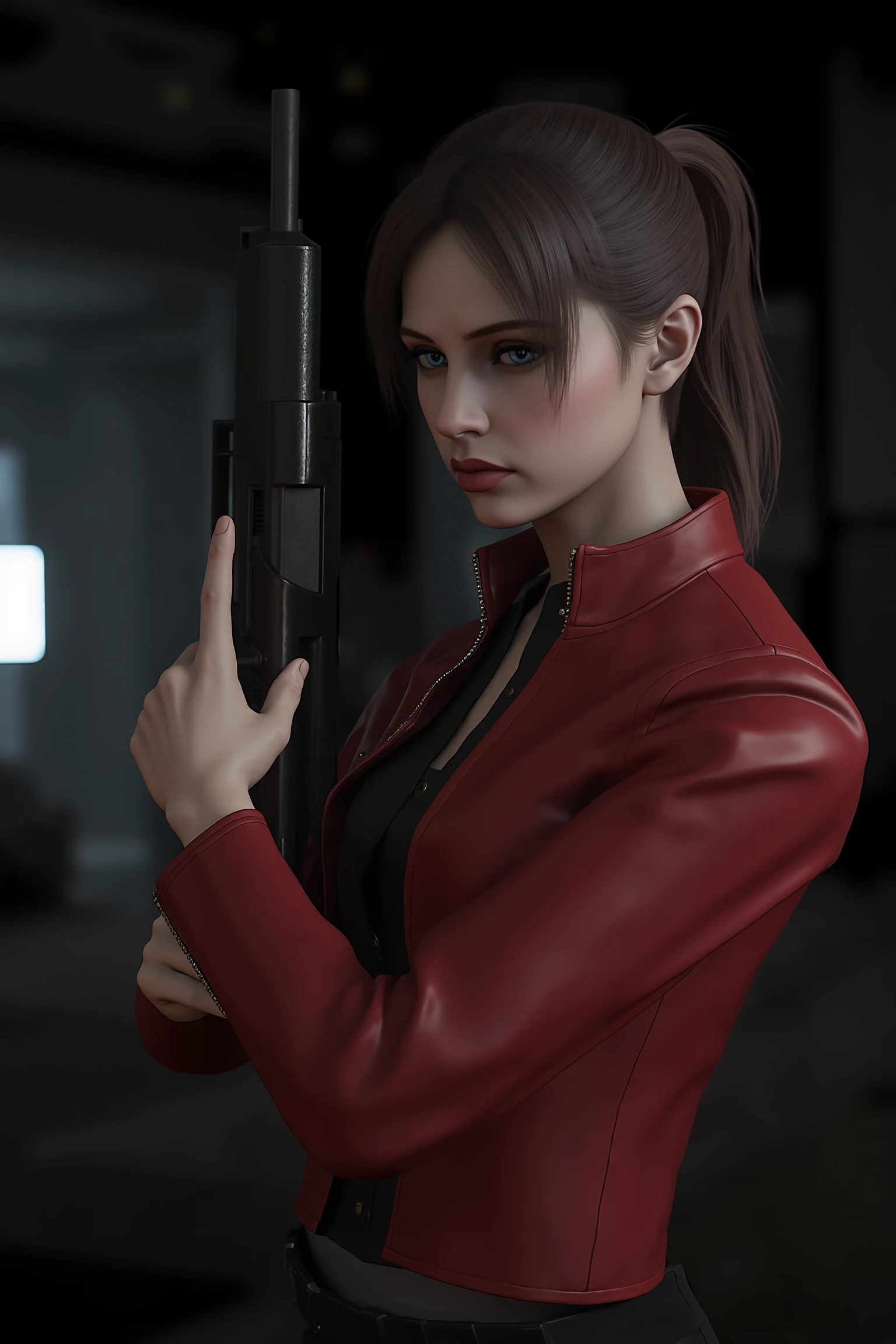 a close-up shot of the woman named Claire Redfield.
dressed in a red leather jacket
holding a black gun in her right hand. Her left hand is positioned in the air
while her right arm rests on the gun. The woman's eyes are a piercing blue
and her hair is pulled back in a ponytail
adding a pop of color to the scene. The background is blurred
suggesting a dark room.