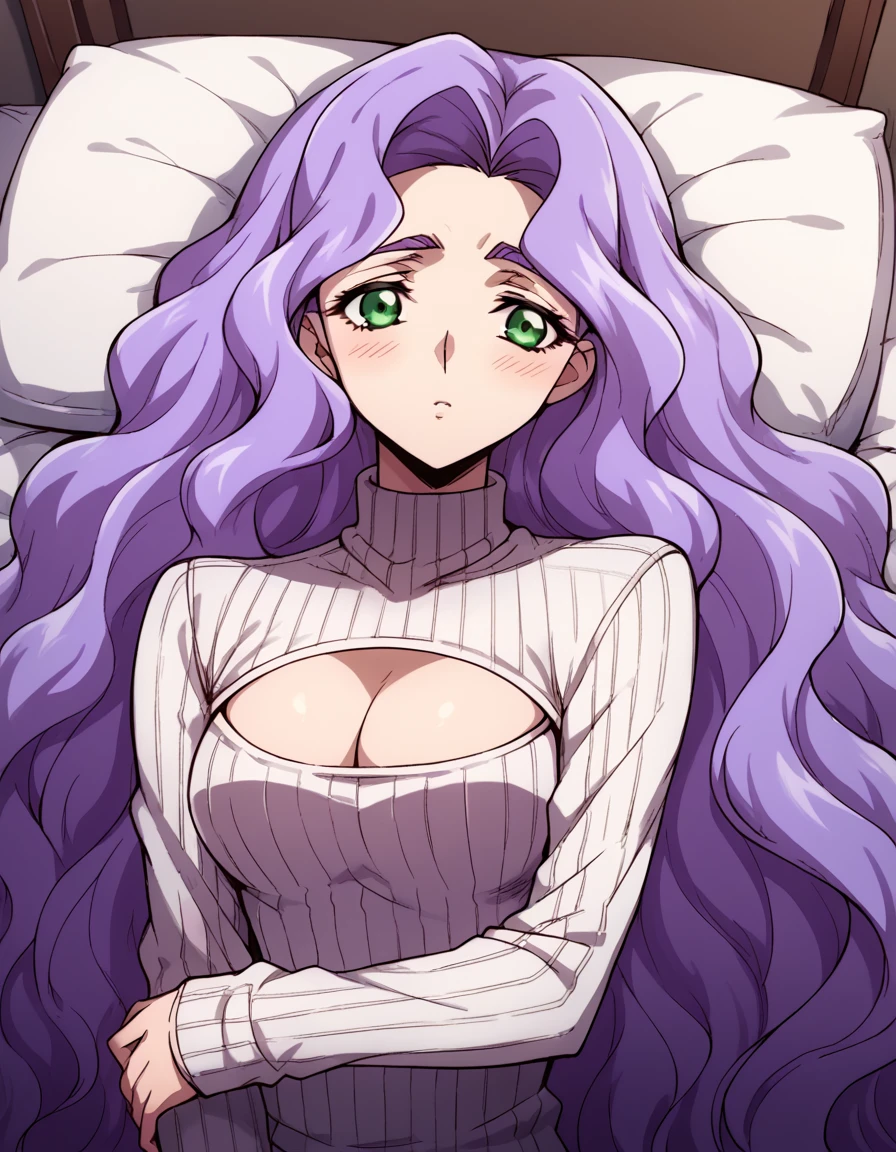 score_9, score_8_up, score_7_up, source_anime, <lora:anna-clement-movie-ponyxl-lora-nochekaiser:1>, anna clement, long hair, very long hair, green eyes, purple hair, forehead, wavy hair, medium breasts,, <lora:open-chest-sweater-ponyxl-lora-nochekaiser:1>, open-chest sweater, ribbed sweater, cleavage cutout, meme attire, clothing cutout, turtleneck, sweater dress, cleavage, clothes tug, sweater pull, cleavage reach,, indoors, bed, bed room, blush, on bed, on back, , cowboy shot, dutch angle