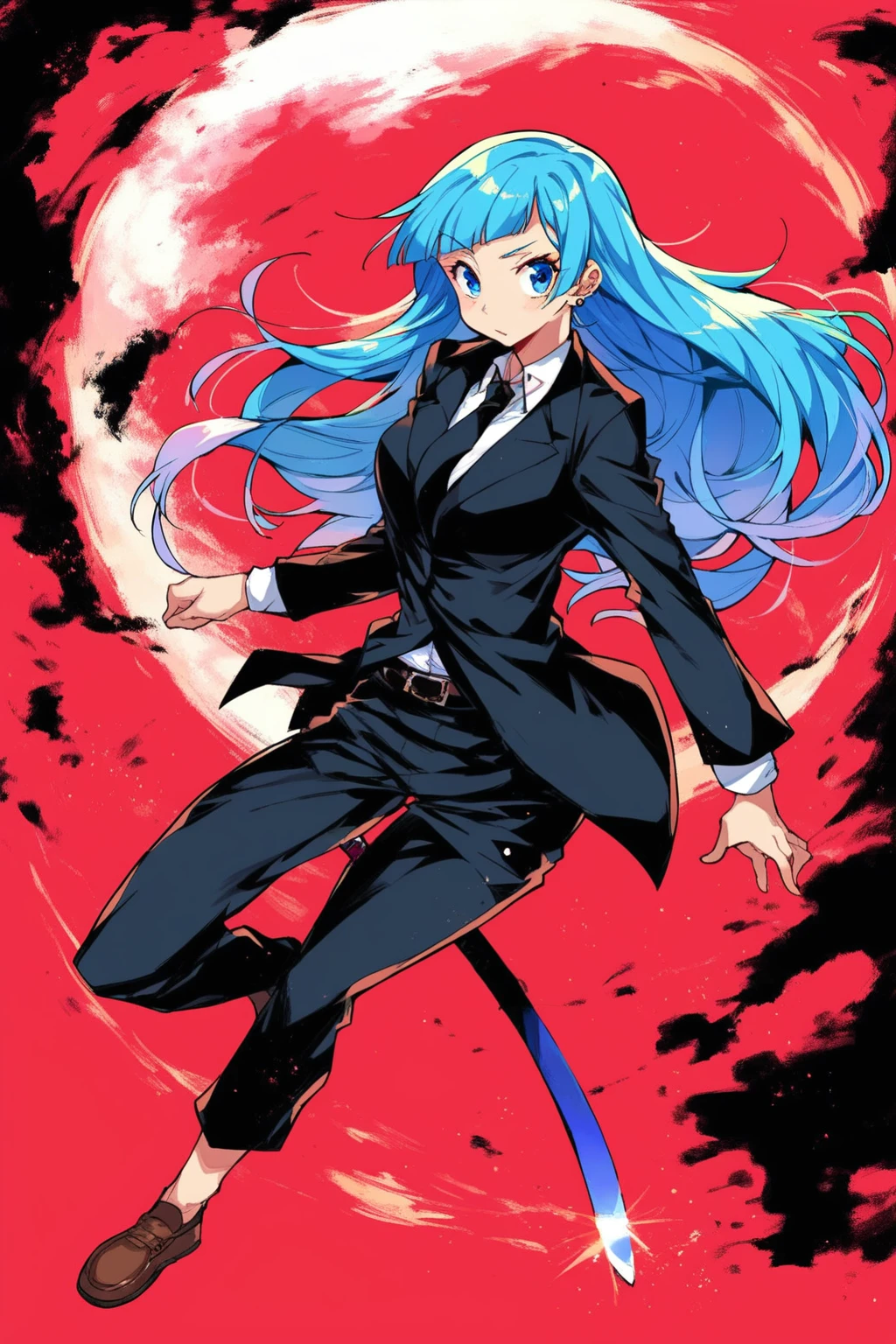 score_9, score_8_up, score_7_up, score_6_up, score_5_up, score_4_up, masterpiece, high quality, BREAK, full body, 1girl,  BREAK,   <lora:Miwa_JJk:0.8> Miwa_JJK, blue hair, necktie, katana, black suit, navy blue eyes, brown shoes, pale skin, asymmetrical bangs, long hair, black necktie,