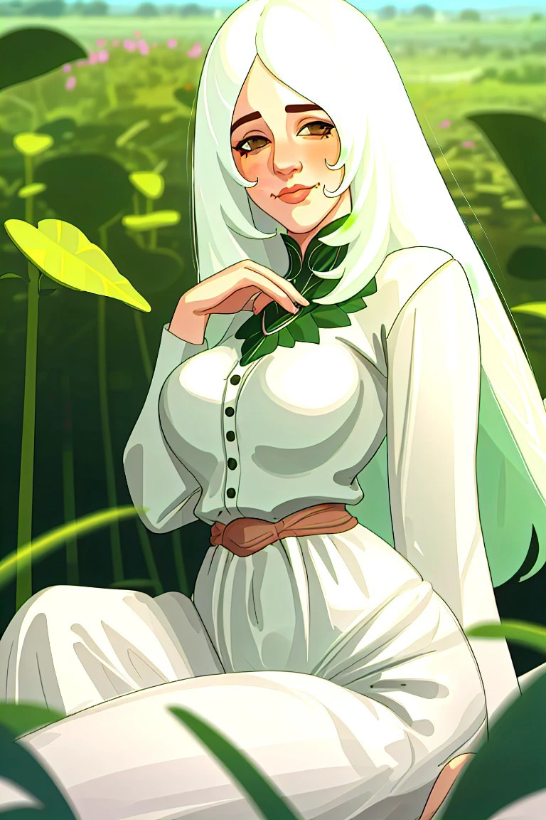 @RocnerArt, Rocner \(Artist\), RocnerArt \(Artist\), (masterpiece, best quality), waist up, portrait shot, 1girl with long white hair sitting in a field of green plants and flowers, her hand under her chin, warm lighting, white dress, blurry foreground