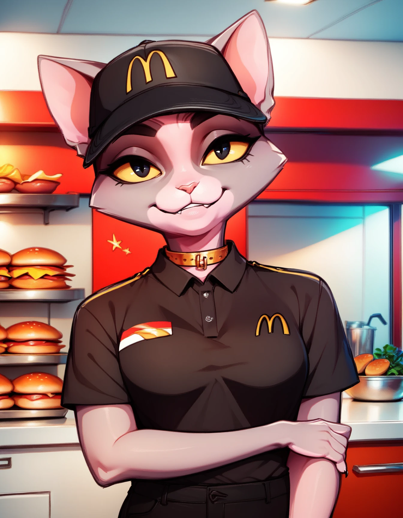 score_9, score_8_up, score_7_up, score_6_up, score_5_up, score_4_up, 
Cleo, cat, yellow sclera, black eyes, golden collar, gray-pink skin, two tone fur, eyelasher, employee uniform, mcdonald's, black shirt, black pants, hat
 <lora:Cleo_XL:0.9>
 <lora:McDonaldsUniform_pdxl_Incrs_v1:1>