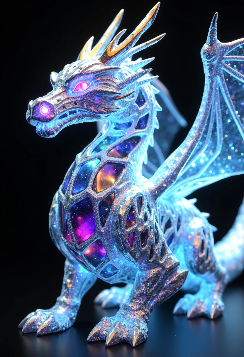 This diamond dragon is crafted from dazzling diamonds, radiating a brilliant light throughout its body, like stars twinkling in the night sky. Its body is polished to a smooth finish, with each diamond sparkling brightly, emitting a dazzling radiance. The dragon's eyes are two pure diamonds, shimmering with wisdom and a mysterious glow, as if sparkling in the cosmos.

When the dragon spreads its enormous wings, the diamond's light streaks across the sky like a shooting star, casting beautiful starbursts. Its form is graceful and majestic, with every detail exuding a sense of nobility and mystery. The dragon's claws are sharp and powerful, as if capable of tearing through space and time, showcasing unparalleled strength.

This diamond dragon appears as a gem of the universe, displaying the sparkle and preciousness of diamonds, along with the mystery and power of dragons. It is a precious piece of art, more than just a decoration, but a symbol representing the fusion of radiance, power, and mystery.