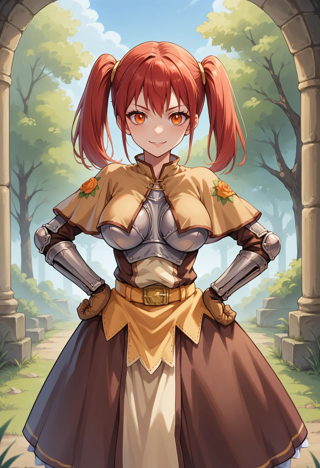 score_9, score_8_up, source_anime, 1girl, solo, red hair, twintails, orange eyes, large breasts, SwrdsmnClth, brown capelet, print capelet, floral print, breastplate, brown dress, gauntlets, brown gloves, belt, pelvic curtain, brown skirt, long skirt, outdoors, hands on hips, smile, <lora:ChamFemaleSwordsmanClothesPonyXL:1>