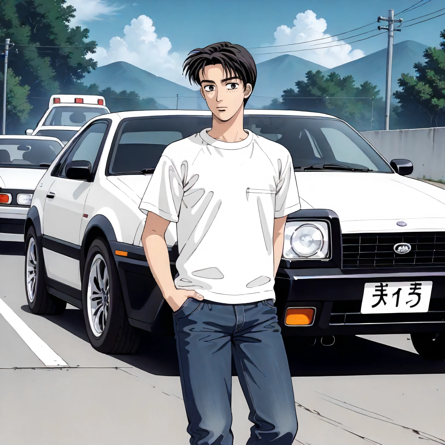 <lora:ID_TakumiFujiwaraXLpony001>,
outdoors,
solo,
TakumiFujiwara,1boy,short hair,black hair,black eyes,
t -shirt,jeans pants,
standing,
AE86,two -tone car,white car,