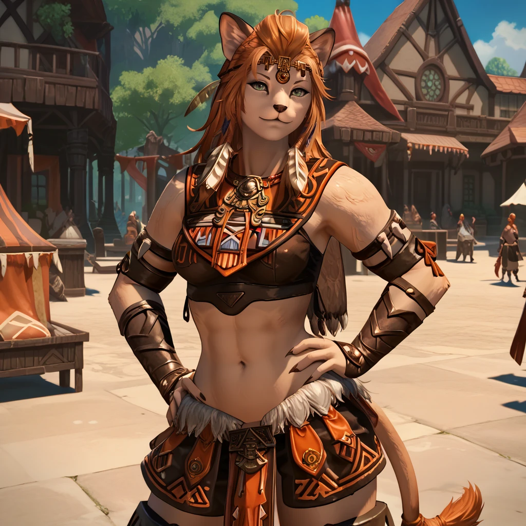 score_9, score_8_up, score_7_up, 1girl, solo, uncensored,  wuklamat, (furry female:0.7), smile, looking at viewer, hand on hip, medium breasts, green eyes, long orange hair, tribal armor, circlet, brown armguards, brown legguards, outdoors, fantasy, town <lora:WukLamatTestingXL_v2.1-000045:1>