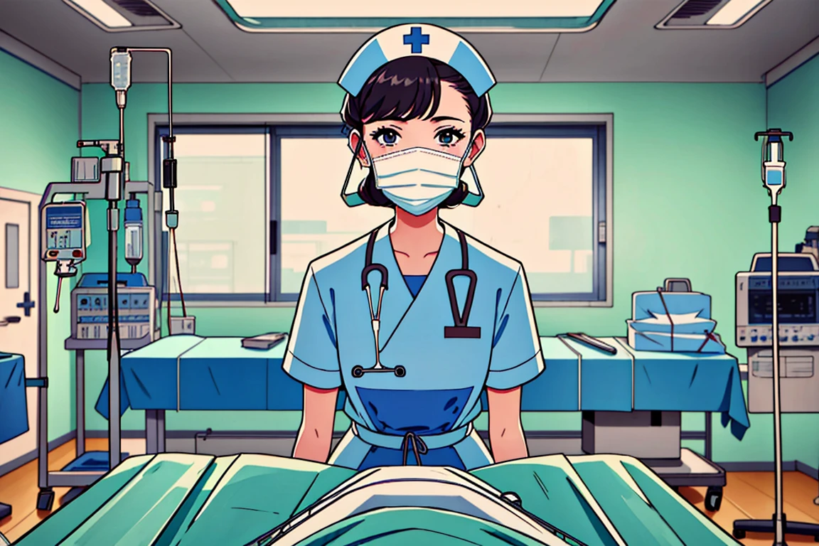 (RAW photo, centered, indoor, best quality),
 <lora:Nurse behind or_V2.0-000004:0.7>  nurse_or_behind_table, indoors, surgical mask, 1girl, looking at viewer, nurse, hospital bed, intravenous drip, stethoscope, nurse cap,solo,