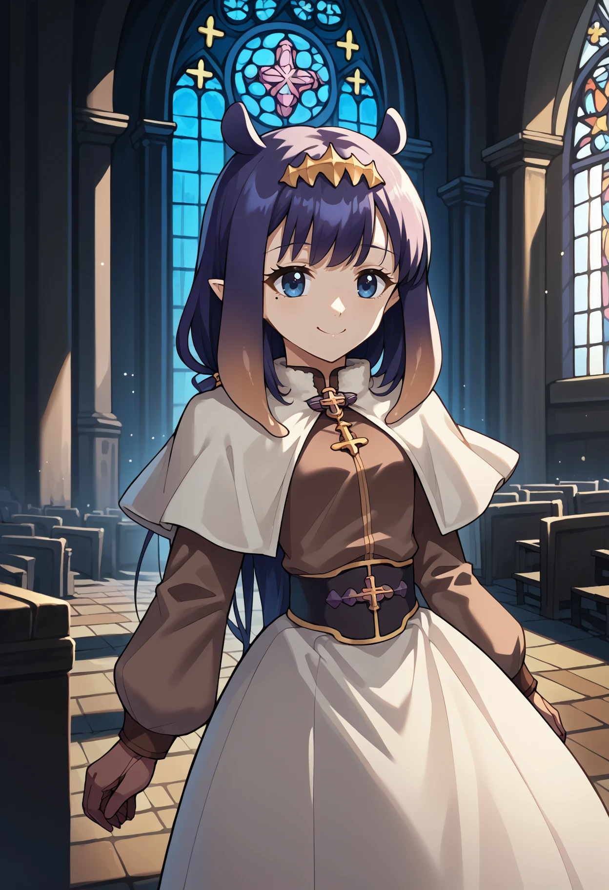 score_9, score_8_up, source_anime, 1girl, solo, ina, mole under eye, AclytClth, white capelet, brooch, brown shirt, long sleeves, brown gloves, belt, white skirt, long skirt, indoors, church, smile, <lora:ChamFemaleAcolyteClothesPonyXL:1>, <lora:inaXL:1>