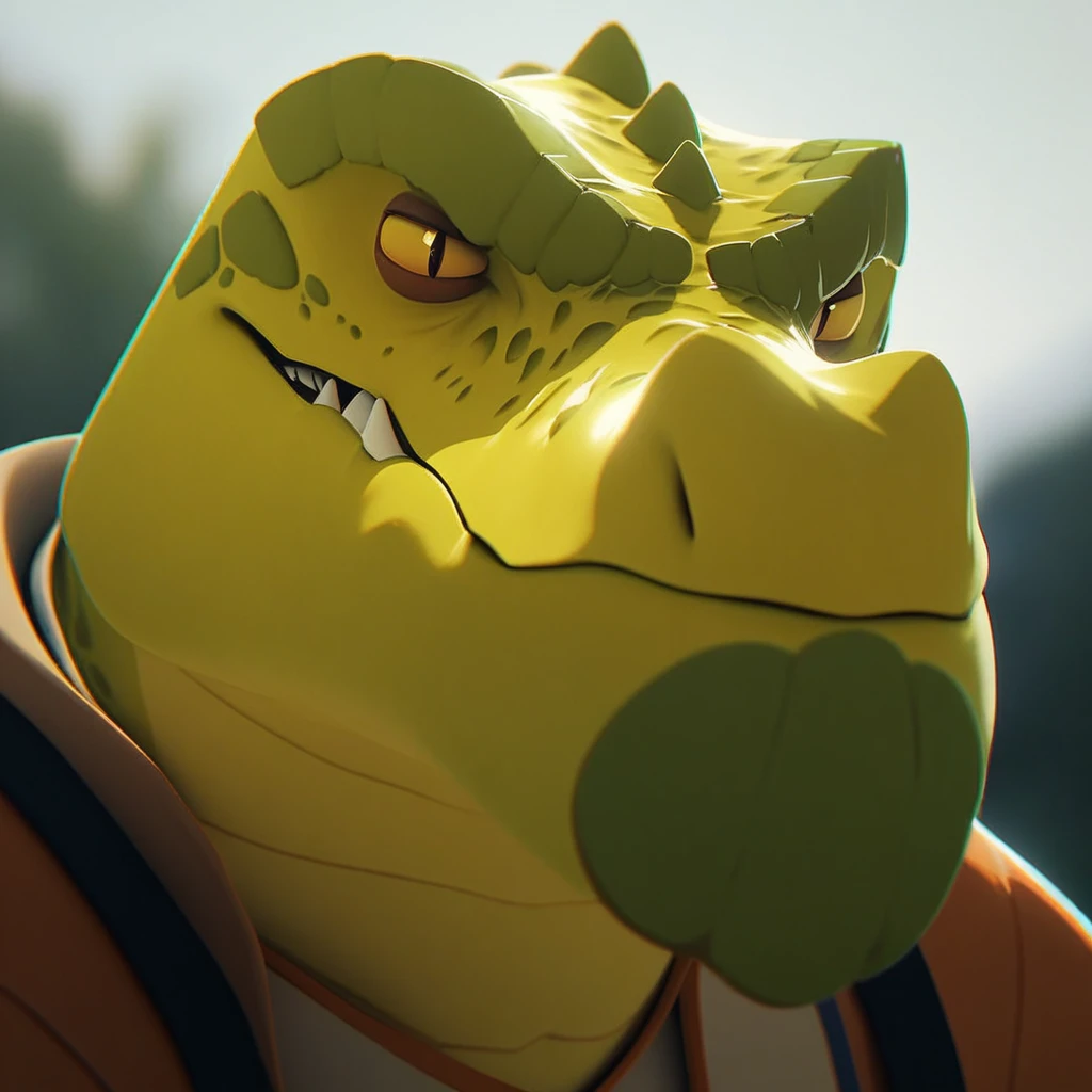 score_9, score_8_up, score_7_up, score_6_up, close up, looking at view, smirking, anthro, scalie, crocodile, male, tail, solo, outside background