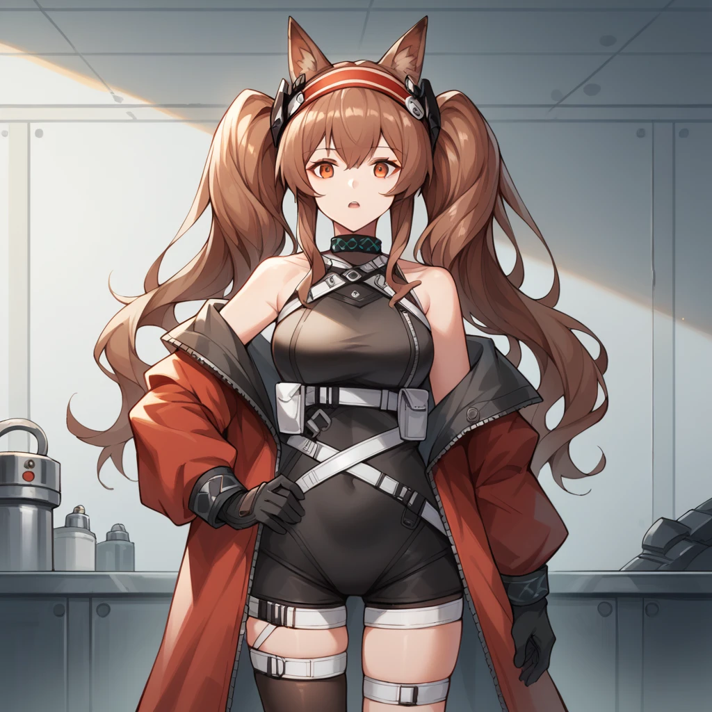 score_9_up, score_8_up, score_7_up, source_anime, 1girl, solo, AngelinaArk, Ang_Vis, ceiling light, standing, looking at you, hand on hip, curious, open mouth, angelina (arknights), fox ears, choker, brown hair, twintails, very long hair, red eyes, hairband, headgear, leotard, black leotard, very long hair, white belt, multiple belts, white straps, bare shoulders, off-shoulder coat, alt coat, red coat, thigh strap, black thighhighs, puffy long sleeves, red sleeves, black gloves, big gloves, mature body, dynamic cowboy shot, indoors, facility laboratory background