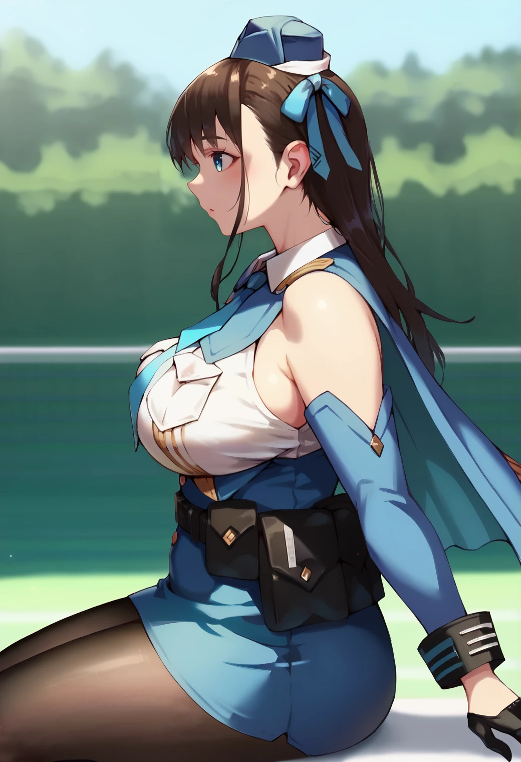 score_9, score_7_up, hd, (ultra hd quality details), source_anime, outdoors, blurry background, blurry foreground,
solo, 1girl, mrnnkk, blue eyes, brown hair, long hair, bangs, large breasts, garrison cap, blue ribbon, hair ribbon, blue necktie, collared shirt, white shirt, sleeveless, breast pocket, detached sleeves, capelet, blue skirt, black gloves, pantyhose, belt pouch,
facing away,
sitting, from side,
<lora:marian-nikke-richy-v1_pdxl:0.9>  <lora:_jonsun_style-elesico-pony:1>