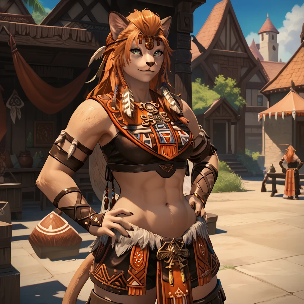 score_9, score_8_up, score_7_up, 1girl, solo, uncensored,  wuklamat, (furry female:0.7), smile, looking at viewer, hand on hip, green eyes, long orange hair, tribal armor, circlet, brown armguards, brown legguards, outdoors, fantasy, town  <lora:WukLamatXL_2.0:1>