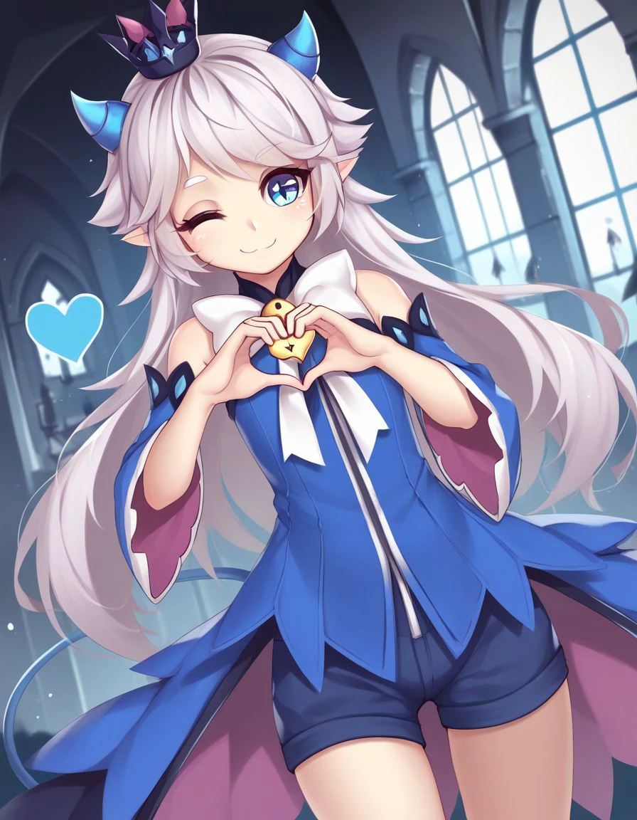 score_9,score_8_up,score_7_up, BREAK  ,(by nyr),1girl, solo,   <lora:Luciela-Elsword_Character:1> luciela r. sourcream , petite,  cone horns, small horns,  mini crown,blue dress,   white bow,  detached sleeves, shorts, long hair,  solo, standing , heart hand duo, cowboy shot, looking at viewer,  dutch angle, fantasy, cute smile,  in a  demonic castle , one eye closed,