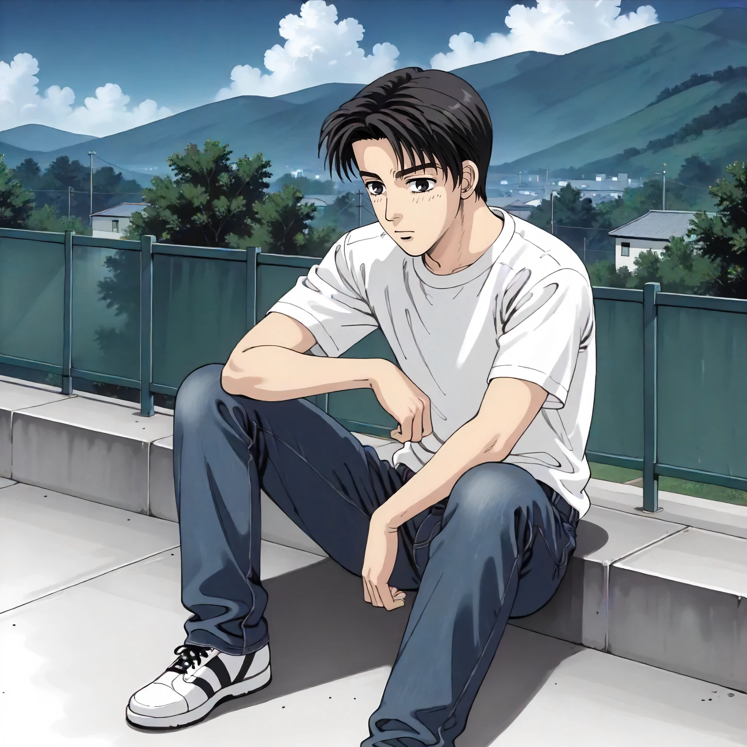 <lora:ID_TakumiFujiwaraXLpony001>,
outdoors,
solo,
TakumiFujiwara,1boy,short hair,black hair,black eyes,
t -shirt,jeans pants,
sitting,