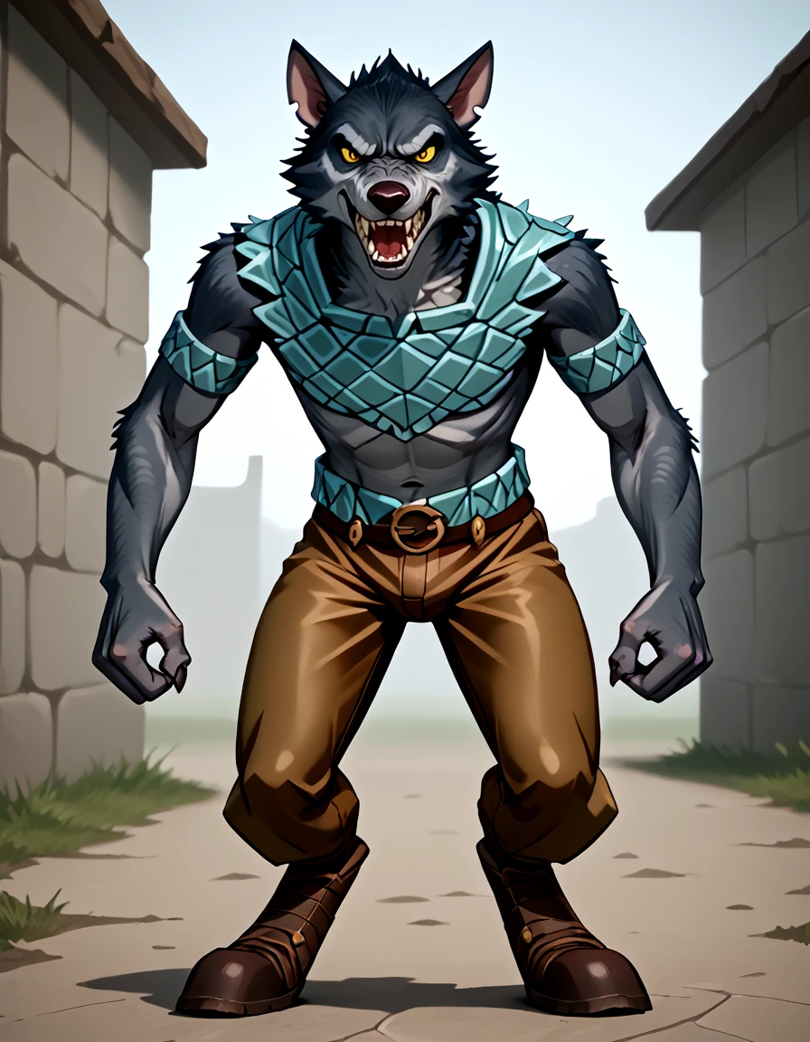 source_furry,  <lora:Blackburrow_Gnoll_-_Everquest_-_1999:0.5> Blackburrow_gnoll, yellow eyes, pointy ears, hunched over, snarling, angry, showing teeth, fists, sharp teeth, long snout, dark gray fur, tattered clothes, patchwork_chest_armor, arm bands, tattered dark green and brown pants, tattered black boots, idle, standing still,, source_cartoon, score_9, score_8_up, score_7_up,