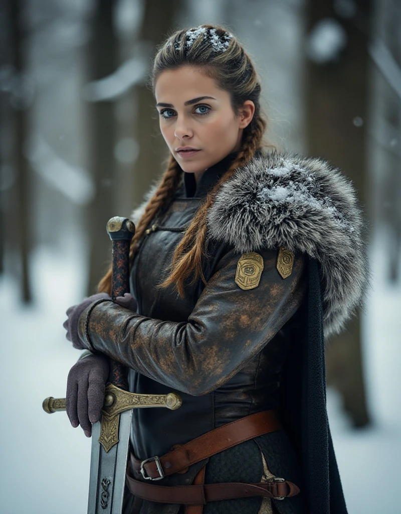 Clara Morgane.  Her hair are braided. She is a viking warrior and wears a light armor made of leather and bronze. she is holding a big sword with exquisit details in the snow in a forest. Ready to fight <lora:Clara_Morgane:0.9>