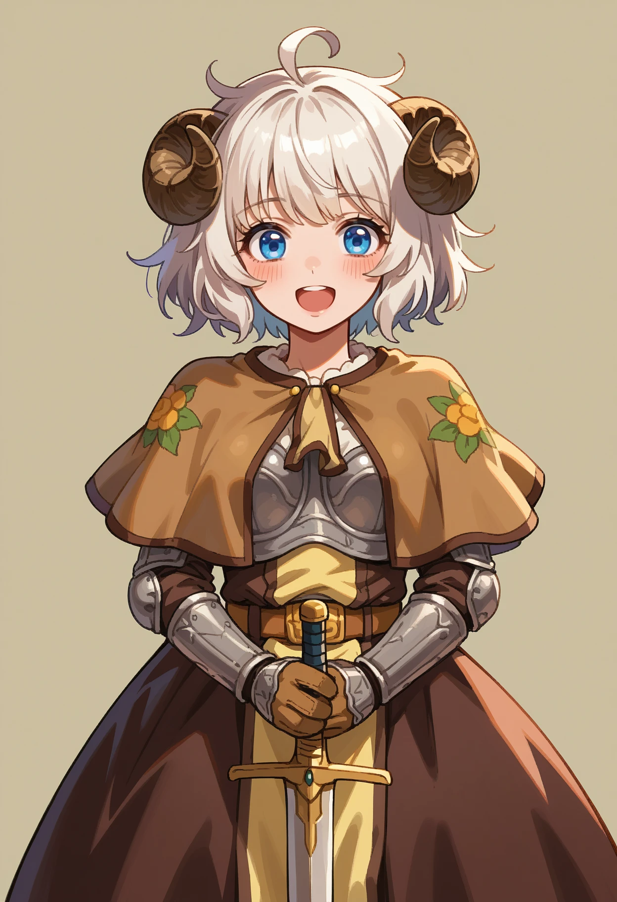 score_9, score_8_up, source_anime, 1girl, solo, blue eyes, white hair, short hair, ahoge, messy hair, sheep horns, sheep girl, SwrdsmnClth, brown capelet, print capelet, floral print, breastplate, brown dress, gauntlets, brown gloves, belt, pelvic curtain, brown skirt, long skirt, happy, blush, open mouth, wide shot, sword, holding sword, <lora:ChamFemaleSwordsmanClothesPonyXL:1>