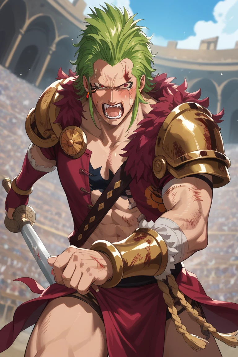 score_9, score_8_up, score_7_up, source_anime, rating_explicit, 1stmale focus, fighting stance, holding sword, BartolomeoOP, green_Bartolomeo_male hair, red eyes, black_Bartolomeo_facial markings, gold gladiator armor, injury, blood, open mouth, panting, heavy breathing, 1stboy, intricately detailed illustration, sweatdrops, serious, blurry gladiator arena, from below, dutch angle