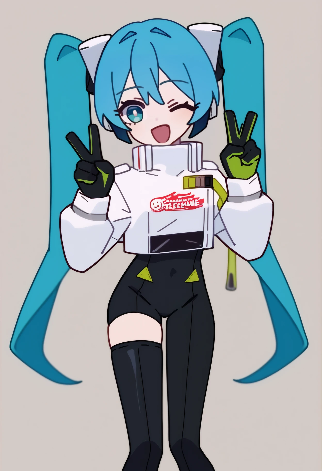 score_9, score_7_up, <break> simple background, white background, solo, 1girl, racingmiku2022, happy, looking at you, standing, double v, blue hair, twintails, one eye closed, white jacket, cropped jacket, long sleeves, two-tone gloves, black gloves, green gloves, black bodysuit, single thighhigh, single thigh boot
 <segment:yolo-face_yolov8m.pt,0.4,0.5//cid=1>