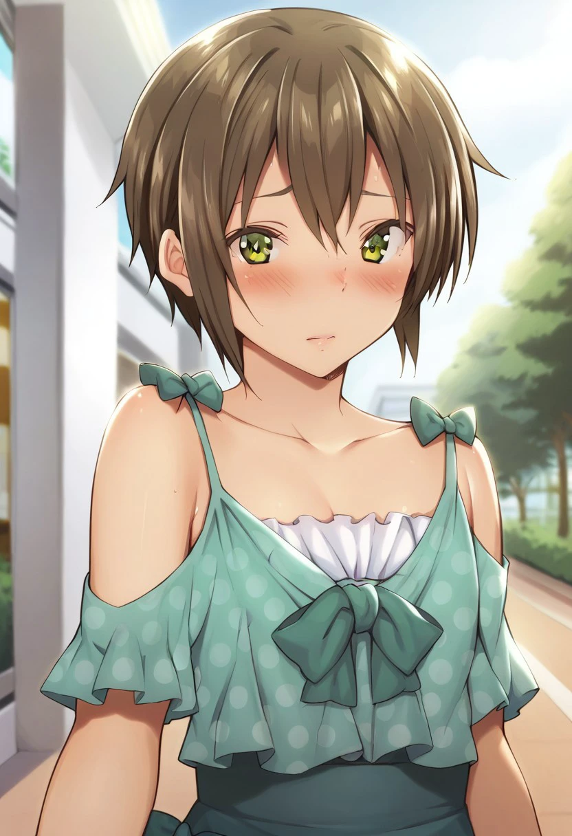 solo, 1boy, male, otoko_no_ko-kun, embarrased, blush, BREAK green dress, frills, bow, polka dot, bare shoulders, green skirt, BREAK outdoors, mall, colorful, looking at viewer, portrait, BREAK ((ultra-detailed)), ((best quality)), ((best quality)), ((beautiful eyes)), ((extremely detailed)), 4K, (8K), best quality, (beautiful), Master piece, highres, score_9, score_8_up, score_7_up, score_6_up, score_5_up, score_4_up, colorful, best quality, official art, highres, masterpiece, nai3, god light, detailed background, high quality background,